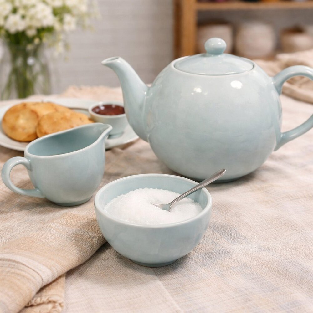 Like New! 4 Pce ROYAL DOULTON Gordon Ramsay Maze Light Blue Teapot Set COMPLETE